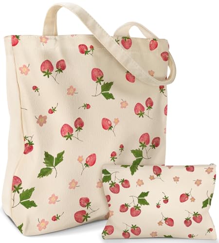 Miss Adola Canvas Tote Bag with Matching Makeup Pouch - color: Strawberry Floral