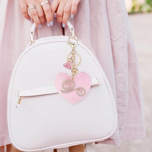 Initial Letter Heart Pom Pom Keychain for Women Pink Soft Fluffy Ball Key Ring for Purse Backpack Handbag - color: V