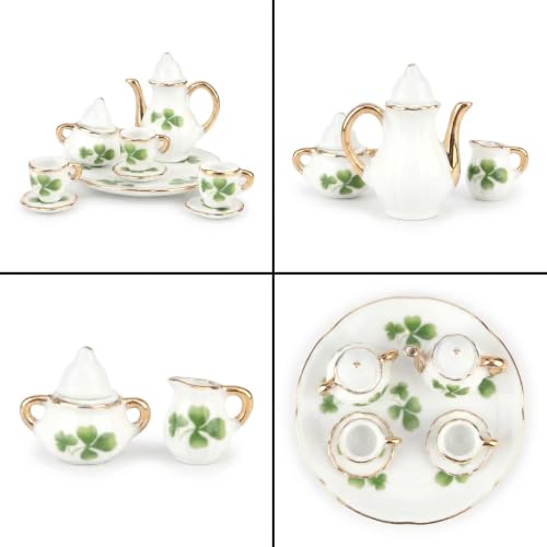Miniature Tea Set 1/6 Scale Dollhouse Accessories Porcelain Lucky Clovey - color: Lucky Clover