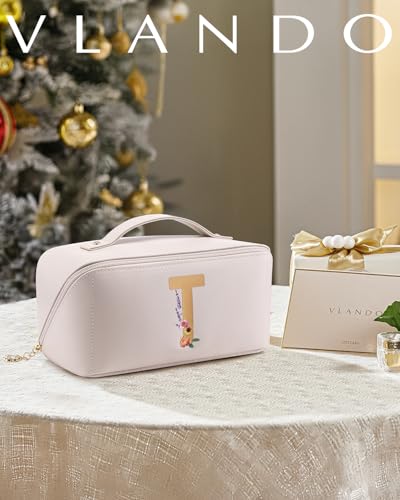 VLANDO Personalized Makeup Bag,Gifts for Women, Letter T,Off White - color: 14.White-T