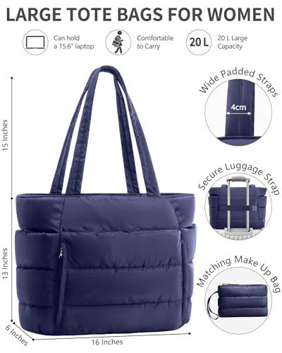 Bagstellar Puffer Tote Bag for Women, Lightweight Puffy Travel Gym Work Bag - color: Navy Blue