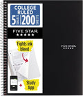 Five Star Spiral Notebook + Study App,5 Subject,College Ruled Paper,8-1/2" x 11",200 Sheets,Fights Ink Bleed,Water Resistant Cover,Black (72081),(Pack of 6) - color: Black, size: 1 Count (Pack of 6)