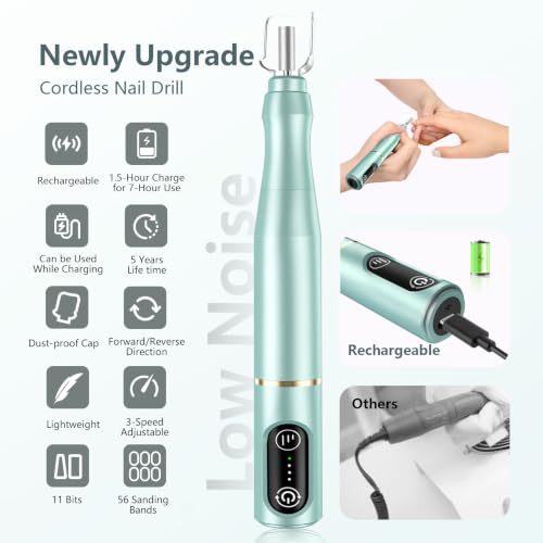 TUOBEO Cordless Nail Drill Electric Nail File Kit, Rechargeable Efile Set - color: Mint Green