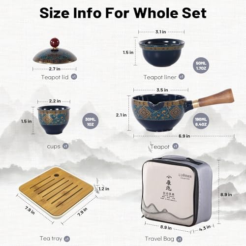 LURRIER Porcelain Chinese Gongfu Tea Set,Portable Teapot Set with 360 Rotation Tea maker and Infuser,Portable All in One Gift Bag for Travel,Home,Gifting,Outdoor and Office (Floral Blue) - color: Floral Blue