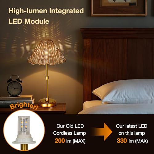 Cordless Boho Rattan Table lamp, 5200-mAh Rechargeable Battery, 3-level Brightness Dimmable, Build-in Integrated LED 320 Lumen Max, Rattan Shade, for Bedside Restaurant Resort Hotel Dining Table - color: 16'' Tall Gold