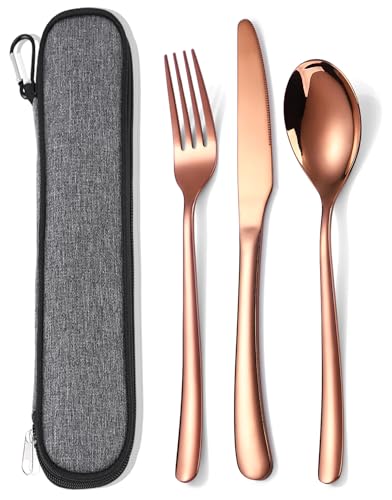 MURRI&MURRDI Travel Stainless Steel Cutlery Set for 1, Reusable Flatware Set with Case, Camping Silverware Set for Work, Knife Fork Spoon Utensil Set 3 Piece (Rose Gold) - color: Rose Gold