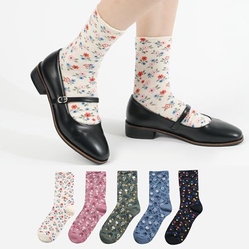 Womens Cotton Crew & Ankle Socks, Cute Floral Ruffle Colorful Tube Size 6-9 - color: Flower Print a
