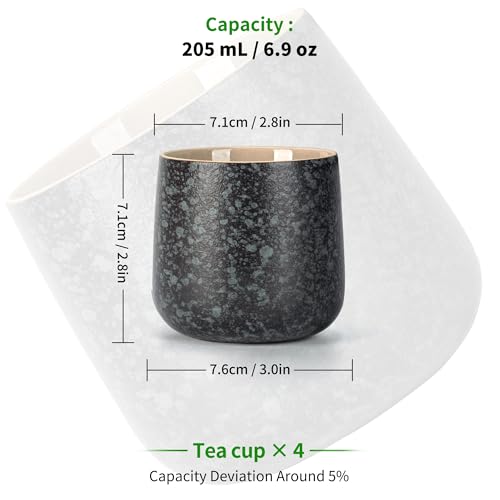 TEANAGOO Japanese Tea Cups Set of 4pcs, 6.9oz/205ml Elegant Ceramic Matcha Cups with Flat Base, Charcoal Black Handleless Coffee Mugs, Microwave & Dishwasher Safe, Beautiful Gift Box - color: Charcoal Black, size: 7.2 fl oz (4-Count)
