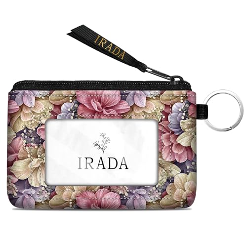 IRADA ID Case Wallet Keychain with Clear ID Window Zipper Cute Coin Purse for Women Water Resistant Small Coin Pouch-Luxury Romantic Delicate Flowers Keychain Wallet - color: Luxury Romantic Delicate Flowers-Keychain Wallet