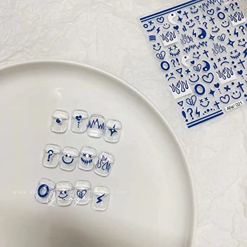 4 Colors ins Minimalist Style Nail Stickers, Simple Cat Love Stars Impressionist Drawing Line Stickers for Man Woman (4 Sheets)+Nail Sticker Specialized Tweezers - style: Flame Smile Face
