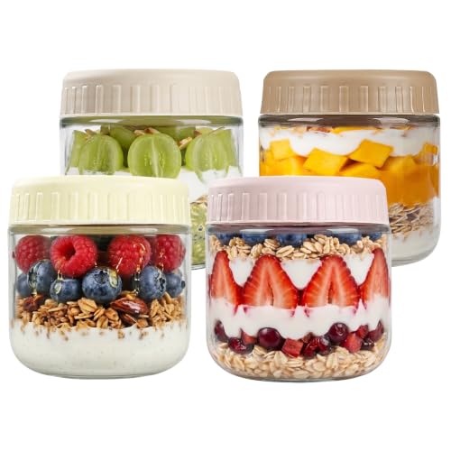SHOWIN Overnight Oats Containers with Lids, 10oz Glass Jars with Lids 4 pcs, Wide Mouth Mason jars for Salad, Yogurt, Snacks, Meal Prep - color: Multicolor, size: 10oz-4pc