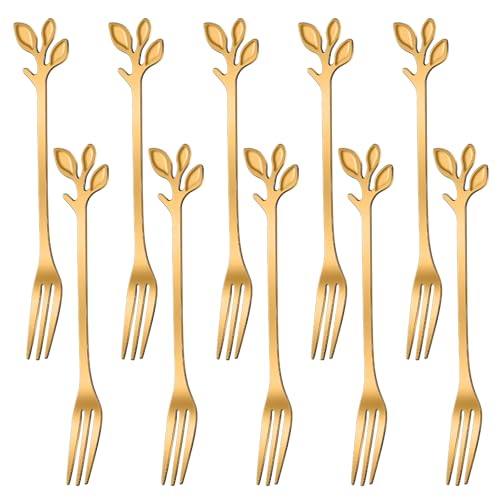 AnSaw 10-Piece Gold Leaf Dessert Forks Set - 4.7" Mini Cocktail Forks - color: Gold
