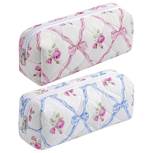 Cute Floral Cotton Makeup Brush Cosmetic Bag for Women, Travel Quilted Zipper Make Up Bag, Flowers Toiletry Organizer Case Kawaii Makeup Cosmetic Travel Cloth Pouch (Pink Bowknot+Blue Bowknot) - color: Two Pack: (Pink Bowknot+Blue Bowknot)