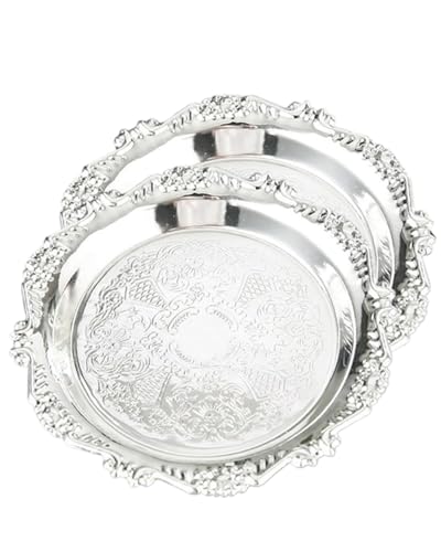 Silver Decorative Tray Set of 2, 10'' Round Vintage Metal Serving Tray, Medium Ornate Coffee Table Centerpiece, Vanity Tray for Perfume, Jewelry, Party Decor - color: Silver, size: 10''