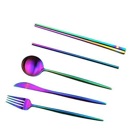 Luxury Rainbow Matte Portable 18/10 Stainless Steel Travel Flatware Sets of 7 Portable Camping Cutlery Set, Healthy & Eco-Friendly Flatware Set with Carrying Case for Travel or Camping - color: Rainbow, size: Black Pouch