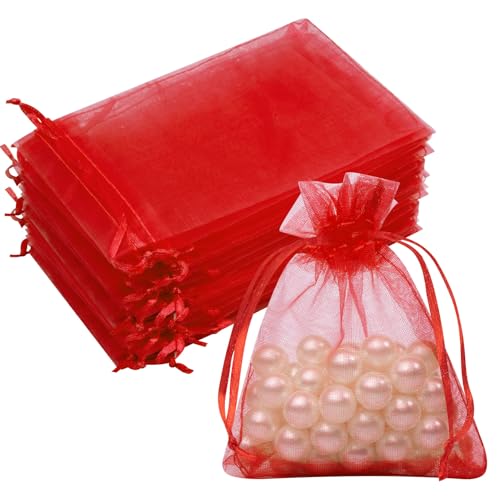 50PCS Red Organza Bags 3x4, Small Gift Bags for Women Jewelry Makeup Candy Soap Goodie, Cute Mesh Drawstring Pouches Mini Gift Wrap Bag for Wedding Birthday Party Favors Halloween Wrapping - color: Red