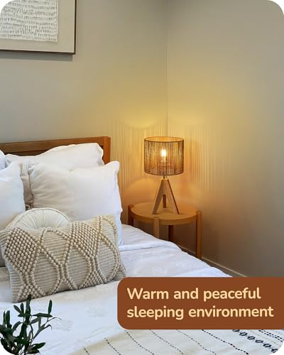 EDISHINE Small Rattan Table Lamp, Wood Tripod Bedside Lamp, 14.2", E26 Base - color: Rosewood Color&Vertical Stripe Shade