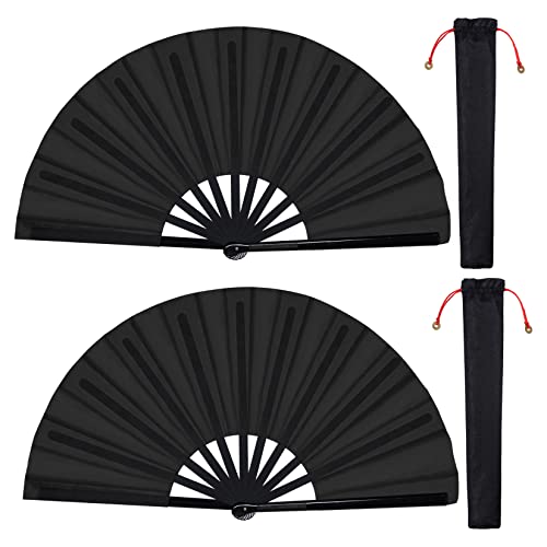 2 Packs Large Folding Hand Rave Fan for Men and Women Line Dancing, Black