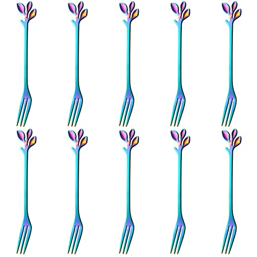 AnSaw 10-Piece Rainbow Leaf Dessert Forks Set - 4.7" Mini Cocktail Forks - color: Rainbow