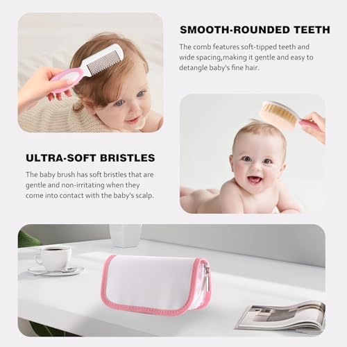 Baby Grooming Kit with Storage Pouch Baby Brush Soft Bristles 5 pcs-Infant Brush, Rounded Comb, Safety Scissors, Nail Clippers & Emery Board -Health Care Kit for Newborns & Toddlers Pink - color: 5pcs Pink 2
