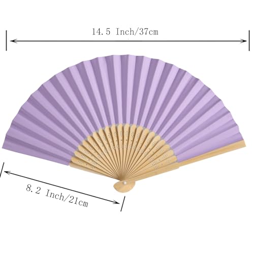 50pcs Paper Hand Fan with Organza Bags Bamboo Handheld Folding Fan DIY Decorative Wedding Party Favors (Light Purple) - color: Light Purple