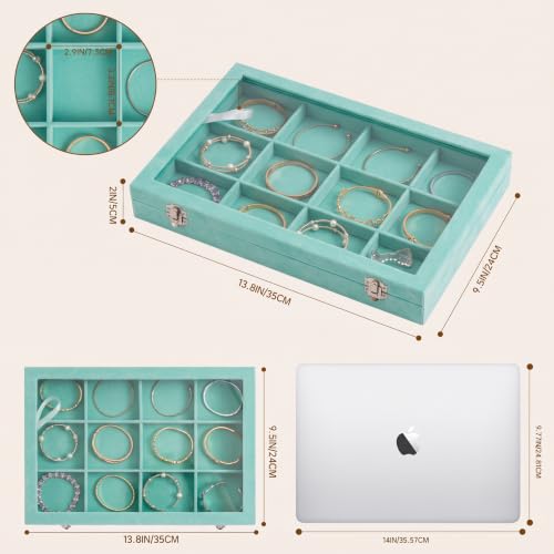 Frebeauty 12 Grid Bracelet Holder Box,Velvet Jewelry Tray with Clear Lid - color: Turquoise, size: 12 Grid