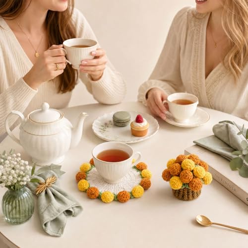 Crochet Flowers Coasters with Basket,Handmade Rose Bouquet Blanket Kawaii Decor Coaster for Desk,Coffee Table,Home Decor,Wedding Gift,Housewarming,Birthda(2Pcs) (Yellow) - color: Yellow