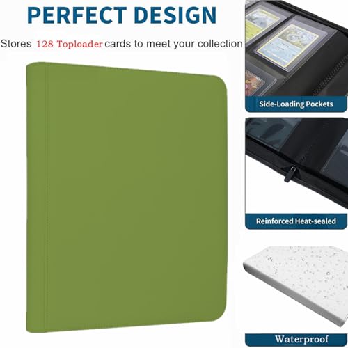 Toploader Binder,4-Pocket Double Sided Top Loaders Binder,Holds 128 Cards in 3"x4" Toploaders,PU Leather Card Binder Abulm for Toploader Trading,Sports,and Gaming Cards (Light Green) - color: Light Green