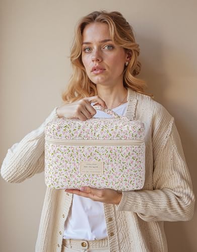 HBselect Quilted Makeup Bag, 3Pcs Cotton Large Travel Makeup Bags Organizer - color: A-3PCS-Floral 17