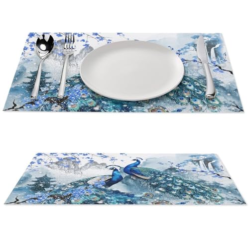 Japanese Peacock Blue Floral Placemats Set of 4, 12x18 Inch - color: Floral Bird03, size: 4pcs