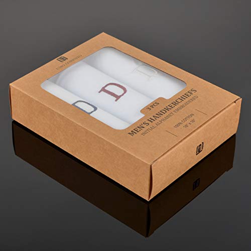 Initial Handkerchief for Men, Monogrammed Boxed 3 Piece Set,100% Cotton - color: D Initial