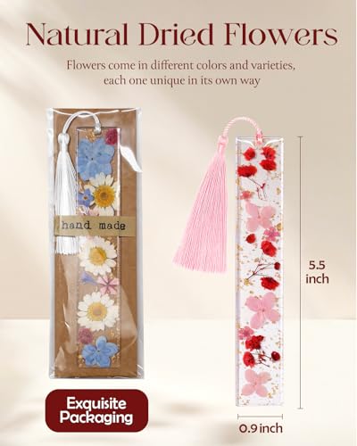 Buleens 2PCS Bookmarks for Women - Purple Book Marks for Readers Book Lovers, Personalized Handmade Dried Flower Resin Bookmark with Tassels, Pretty and Aesthetic - color: Pink White