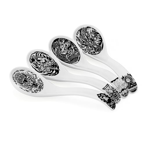 Hagary Ceramic Spoon Soup Spoons Asian Soup Spoon Chinese Korean Japanese Ramen Spoons Set of 4 with Hole 6.2 Inch (Black - Dragon Old) - color: Black - Dragon Old