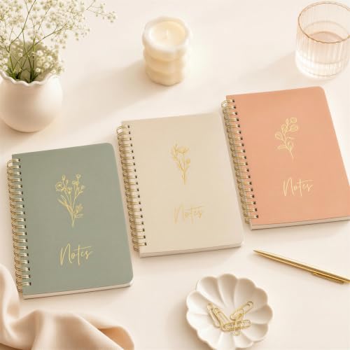 Aesthetic Spiral Notebook Set of 3 For Women - Cute College Ruled Journals - color: sage-pink-beige, size: Medium 8x6