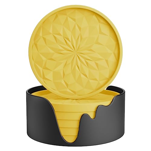 ME.FAN Silicone Coasters with Holder,[6 Pack] Drinking Coasters - Cup Mat for Hot or Cold Drinks, Thickened, Non-Slip, Non-stick,Deep Tray Yellow - color: Yellow