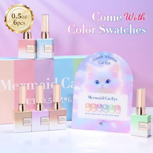 Double Rhythm Cat Eye Gel Nail Polish Set of 6 Same Color Same Bottle 0.5 Oz Shimmer Glitter with Magnet Holographic Reflective Magnetic UV Nail Polish Kit at Home (Nude Pink Green Purple-T6-29) - color: Green Blue