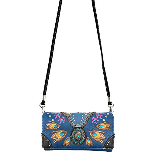 Zelris Turquoise Concho Peacock Feather Women Crossbody Wrist Trifold Wallet - color: Royal Blue