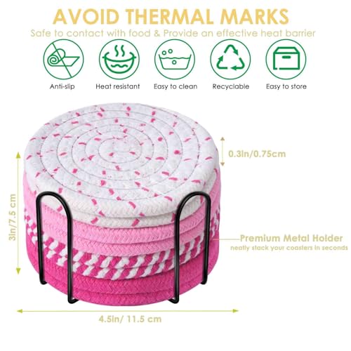 Drink Coasters 8 Pack with Holder, 4-Color Cotton Woven Absorbent Coasters Set, Minimalist 4.3in Cup Mat for Home Decor, Dining Table, Living Room, Tabletop-Protection for Coffee Beverage-Pink - color: Pink