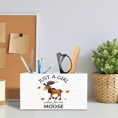 Moose Gifts Pen Holder for Desk, Deer Lover Gifts Pencil Organizer, Just a Girl Who Loves Moose Wooden Box Sign Desk Decor for Home Office Decoration - color: MOOSE