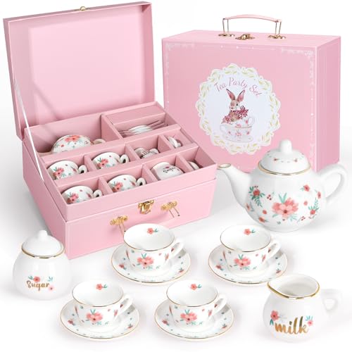 Porcelain Tea Set for Girls, Tea Party Set for Little Girls, Kids Tea Set Kitchen Pretend Play, Princess Tea Time Playset with Teapot Cups Carry Case, Toddler Girl Toys Birthday Gifts Age 3+ - style: A. Princess Tea Party
