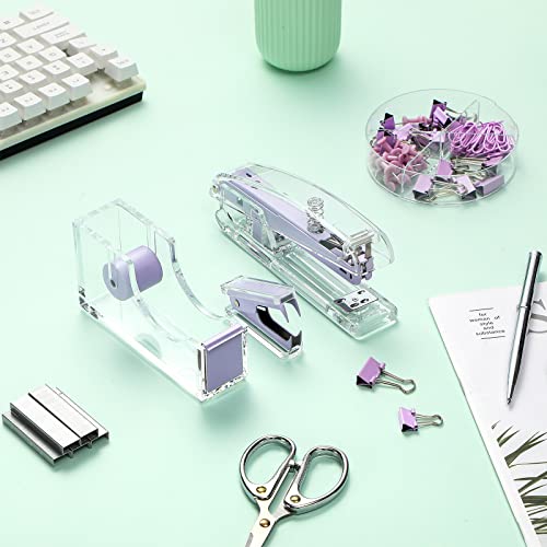 Office Supplies Set Desk Accessory Kit, Acrylic Stapler Set Staple Remover, Tape Dispenser, Binder Clips, Paper Clips, Ballpoint Pen and Scissor with 1000 Pieces 26/6 Staples (Purple) - color: Purple