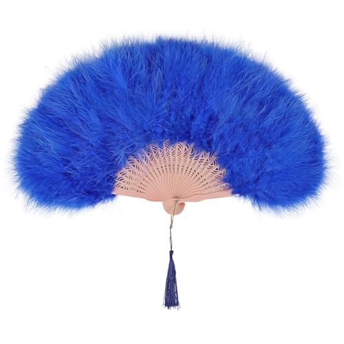 whitefeather Vintage Feather Hand Fan, 17.7 x 11.8 inches, Marabou Feathers, 1920s Style for Costume Parties, Tea Parties - color: Royal Blue