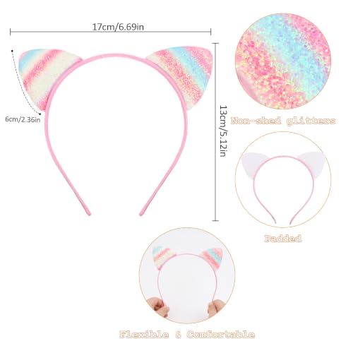 Cat Ears Headband Rainbow Glittery Non Shed Sparkly Pastel Kitty Ears - color: Rainbow Glittery