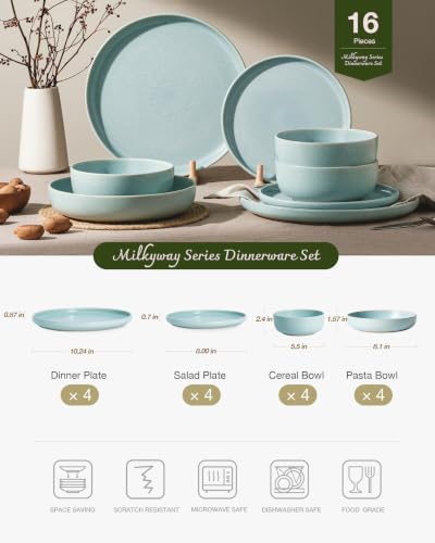 Famiware Milkyway 16-Piece Stoneware Dinnerware Set, Light Blue - color: Light Blue, size: Service for 4 (Include Pasta Bowls)