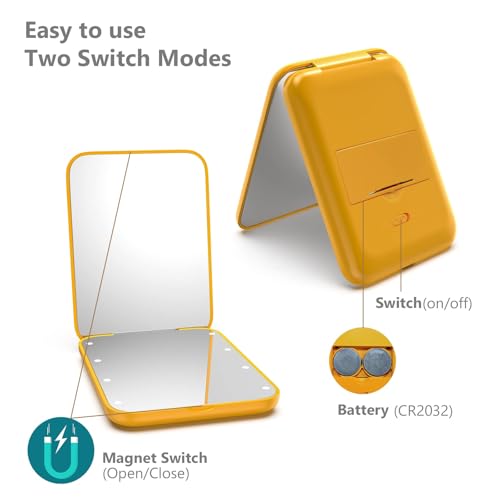 Kintion Pocket Mirror, 1X/3X Magnification LED Compact Mirror (Yellow) - color: Yellow