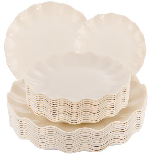 LIYH 24 Pcs Plastic Plates Reusable,Unbreakable Dinner Plates, Scalloped Plastic Plates, Dishwasher Safe,Ivory Plate Sets Perfect for Parties, Birthday, Picnics, BPA Free(12Guests) - color: 24 Beige, size: 24(12 Guests)