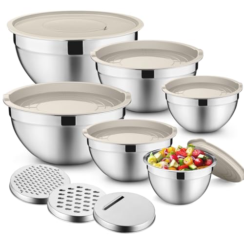 P&P CHEF Mixing Bowls with Lids Set of 6, Nesting Salad Bowl, Khaki - color: Khaki