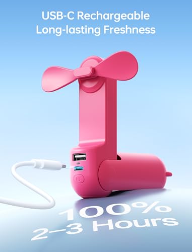 JISULIFE 3 IN 1 Portable Fan with Power Bank & Flashlight Featured - color: Fuchsia