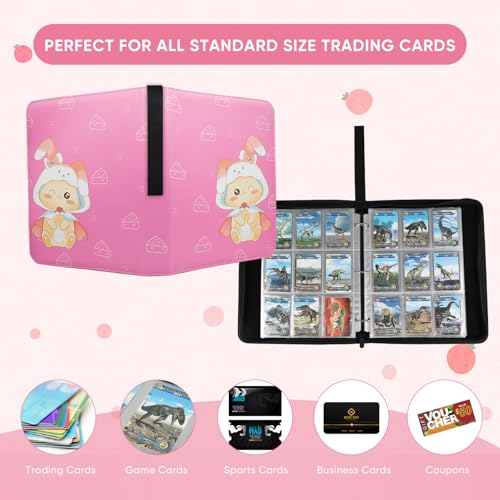9 Pocket Card Binder - Premium Zip Trading Card Binder - 900 Double Sided Pocket PU Collection Binder - Gift for Girls (Pink Kitten 9-Pocket)