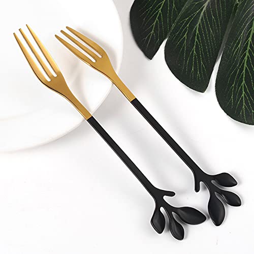 AnSaw 10-Piece Black & Gold Leaf Dessert Forks Set-4.7" Mini Cocktail Fork - color: Black & Gold